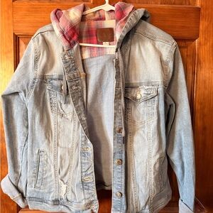 Maurices Light Blue Jean Jacket with Red Plaid Hood